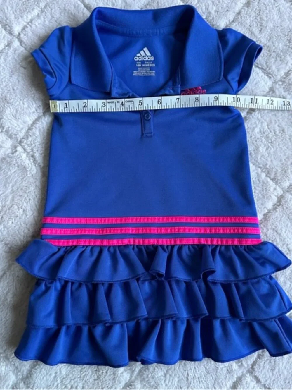Adidas | Navy and Pink Pleated 3 Stripe Ruffle Polo Dress | Size 18 Months
